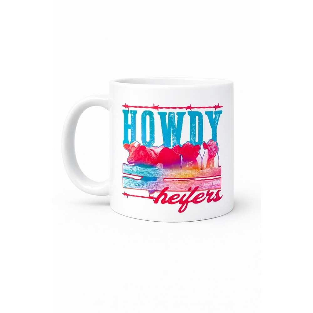 Howdy Heifers Coffee Mug 11oz White Ceramic Western Cow Graphic New